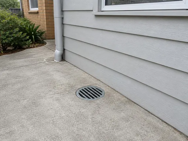 Outdoor concrete gully grate beside grey weatherboard wall and downpipe on a dry paved area in St Ives